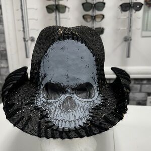 Black Woven Cowboy Hat with Skull Design